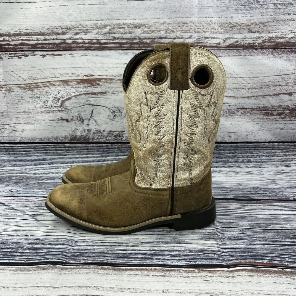 Smoky Mountain Boots Drifter  Brown & White Leather Square Toe Western, Youth 5